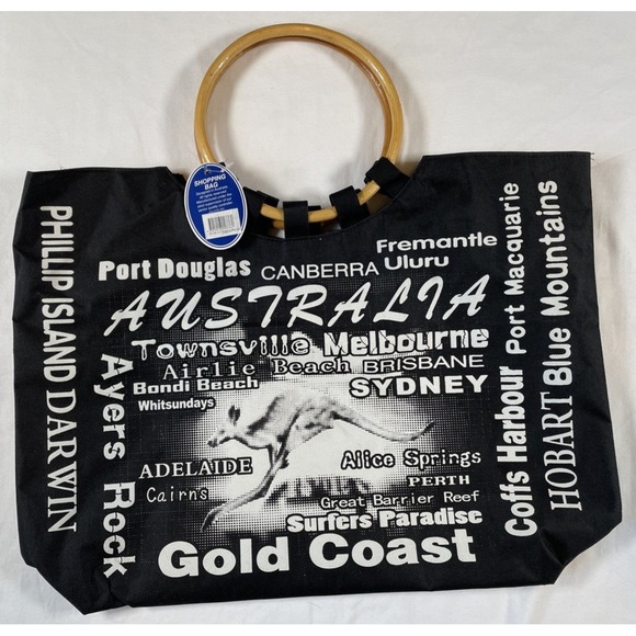 Australia United Pty. Ltd. Handbags - Australia United Shopping Tote Bag Womens Large Black Souvenir Bamboo Handle New